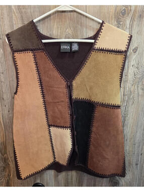 ERIKA Women VTG Suede Leather & Cotton Sweater Vest Crochet Button Size Lrg